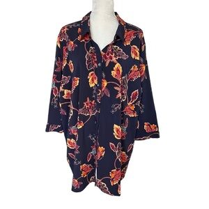 Catherines Women’s Leaf Floral Print Tunic Blouse Shirt Plus Size 3X Navy Orange